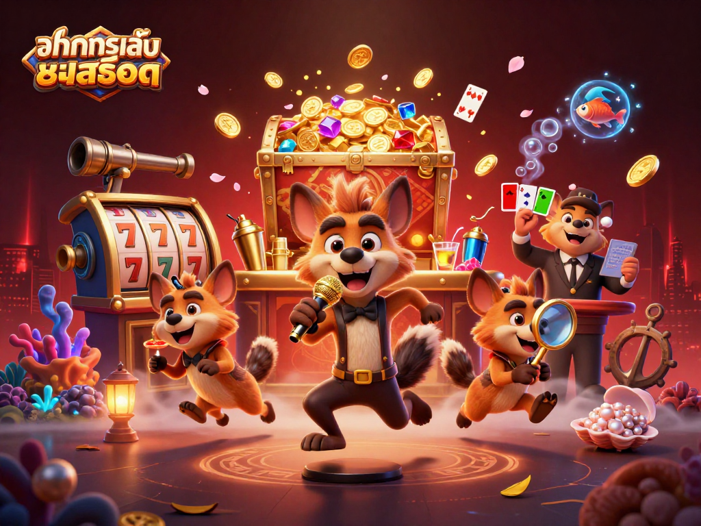 Experience ทดลองเล่นสล็อต with animated hyenas in a vibrant casino scene, featuring gold coins and slot elements.