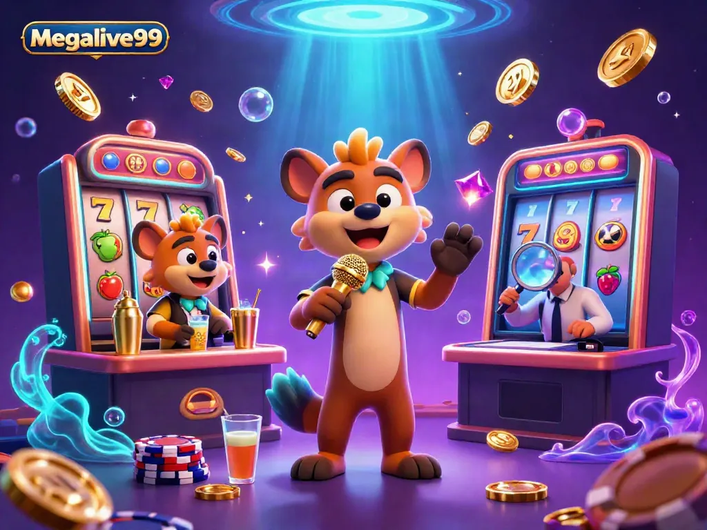 Hyena lucu beraksi dalam kasino Megalive99 dengan elemen slot dan cahaya yang memukau.