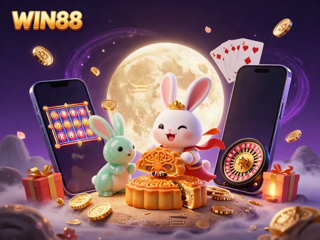 Experience winning joy with WIN88 as the moon rabbit enjoys a vibrant casino scene