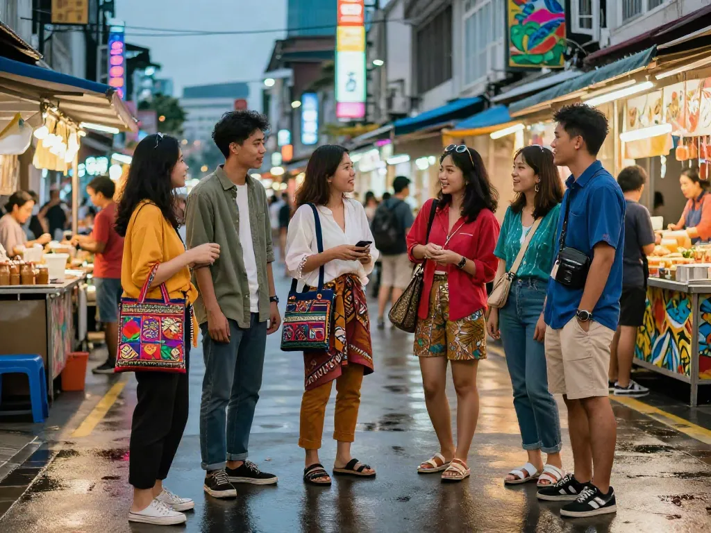 Nyonya4D fashion fusion scene with friends showcasing cultural streetwear in urban setting.
