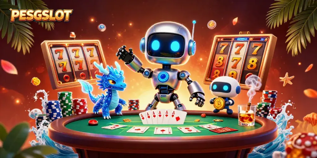 Gamer bermain PESGSLOT dengan robot warna chrom dan dragon holografik, dikelilingi elemen slot