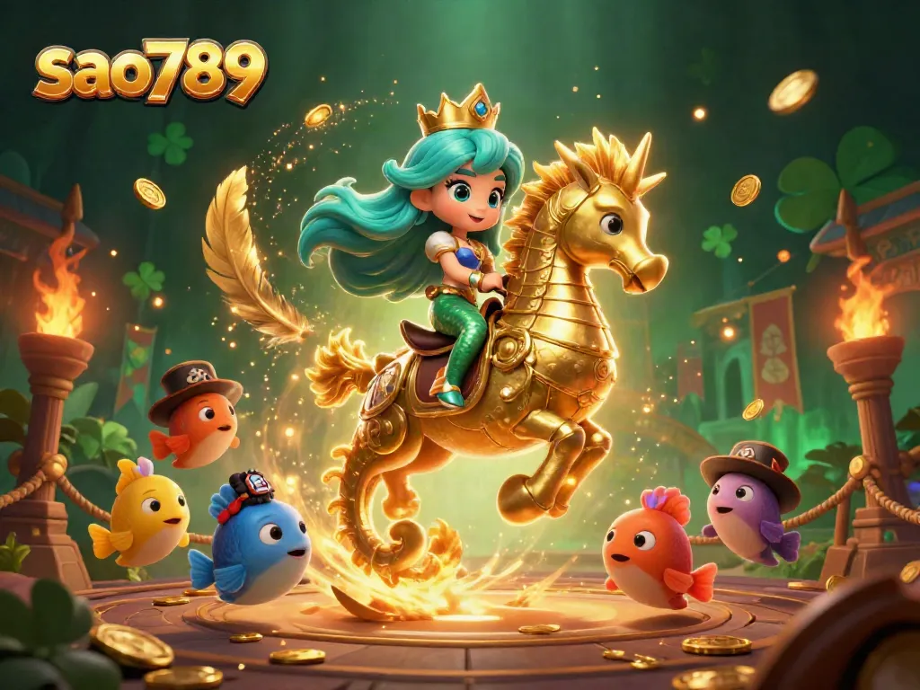 Join the fun at sao789 with a vibrant casino-themed illustration featuring a mermaid princess and her seahorse companion.