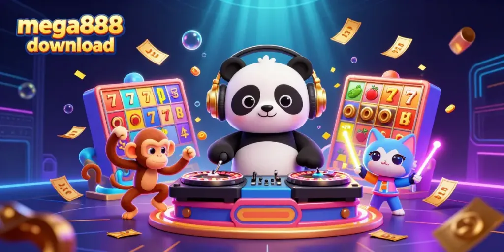 Experience mega888 download with colorful characters in a vibrant casino scene, featuring slots and lively elements.