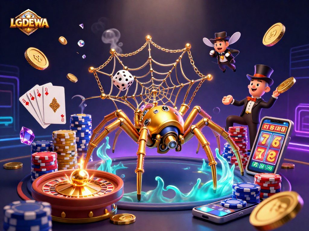Engage with LGODEWA's thrilling casino experience featuring a golden spider and poker elements.