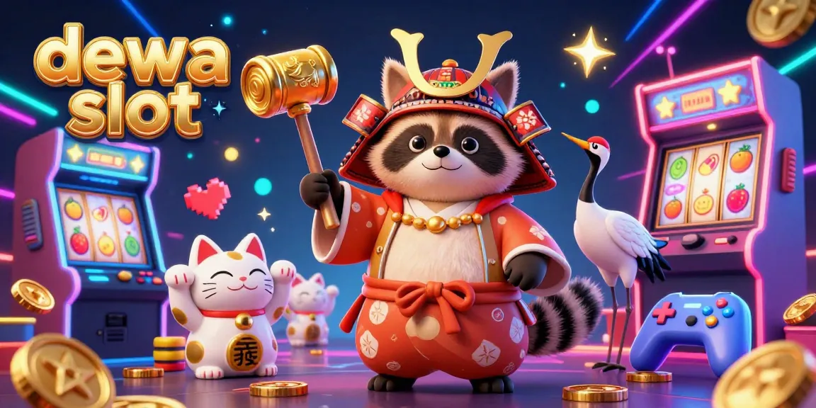 Spin and win with dewa slot in this vibrant casino illustration featuring a lucky tanuki and colorful arcade machines.