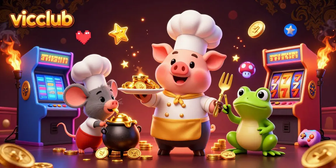 Vicclub showcases a lively casino scene with characters delighting in gold coins and gaming excitement.