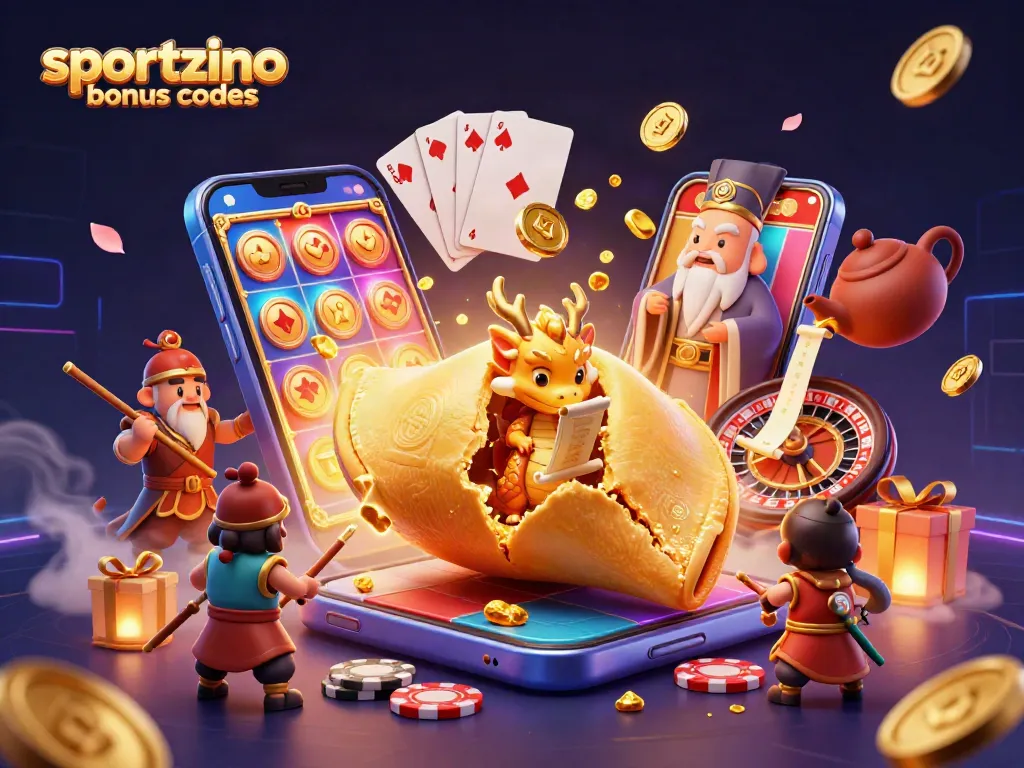 Play and win with Sportzino bonus codes showcasing a colorful casino scene with characters and game elements.