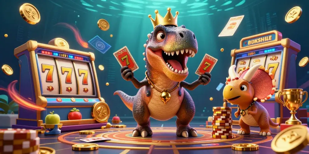 Engage with thrilling slot gacor hari ini action, featuring a T-Rex and friends in a vibrant casino scene.