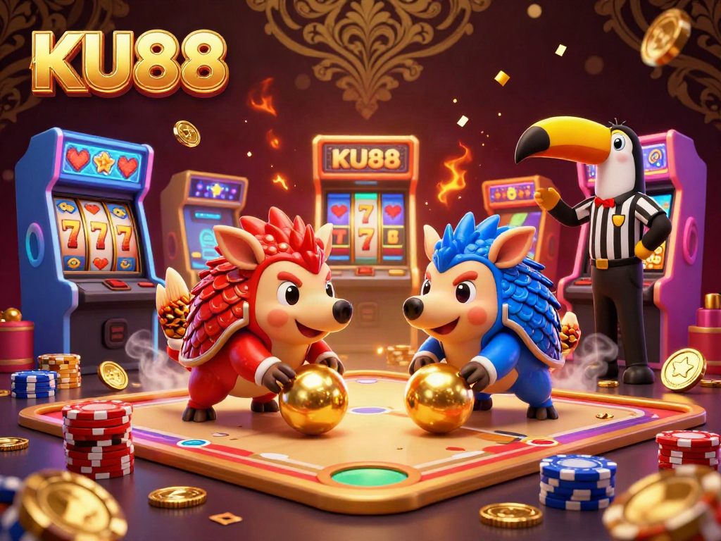 KU88 casino pangolins roll golden balls through poker chips, vibrant and engaging casino scene.