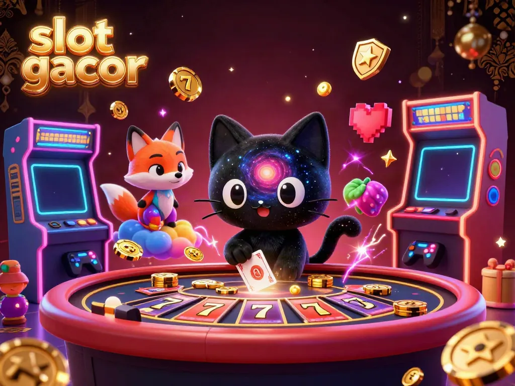 Kucing hitam bercahaya menara kasino menarik chip emas dan kartu slot gacor dalam suasana menggembirakan.