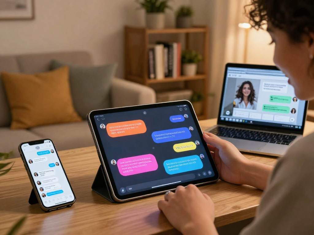 Engaging user enjoying AI porn chat on a tablet in a cozy room.