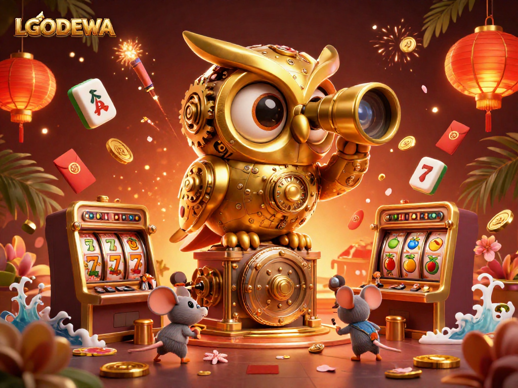 Play slots and win at LGODEWA amidst a vibrant casino scene filled with lucky symbols.