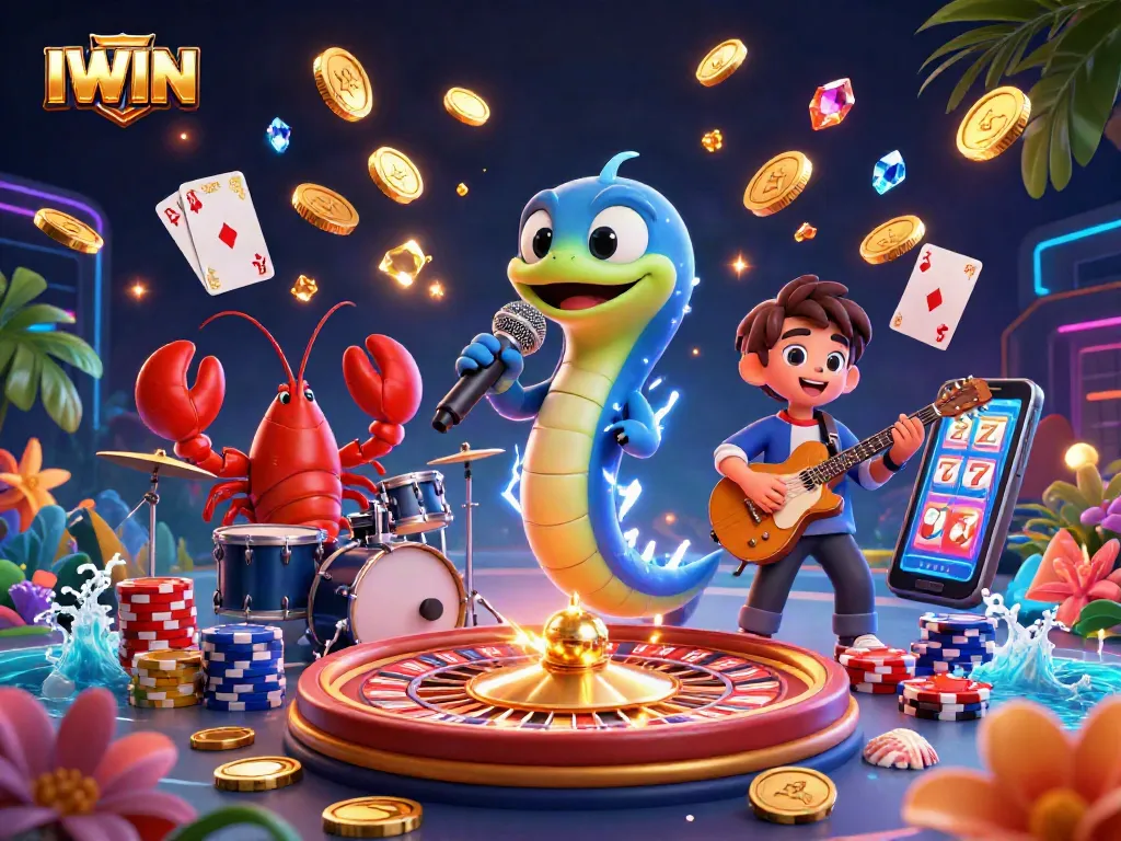 IWIN fantasy casino scene showcasing an electric eel DJ, lobster drummer, and seahorse guitarist.
