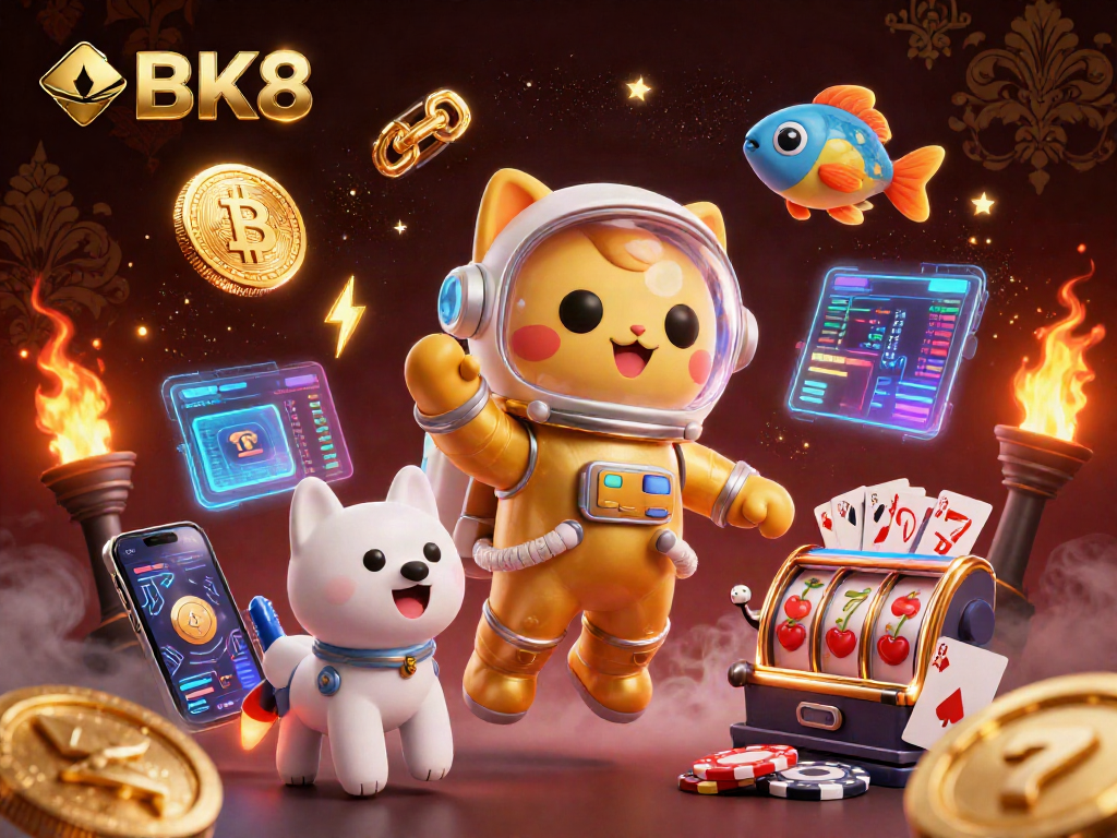 Experience the excitement of BK8 with a vibrant casino-themed 3D illustration of engaging games.