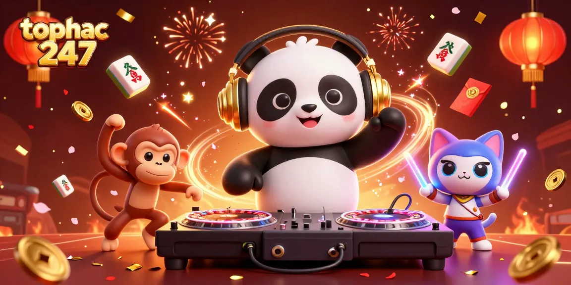 Experience the thrill of gaming with topnhacai247 featuring a DJ panda and vibrant casino elements.