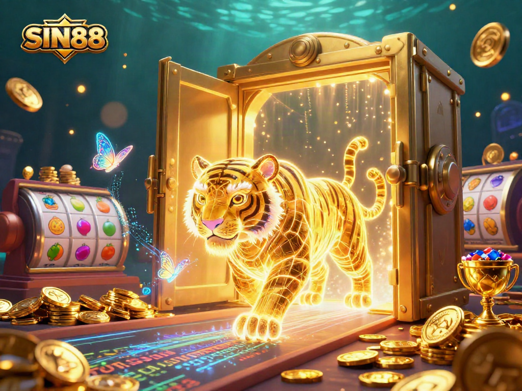 SIN88 golden tiger symbolizing luck spins vibrant slot reels and treasures in a digital casino.