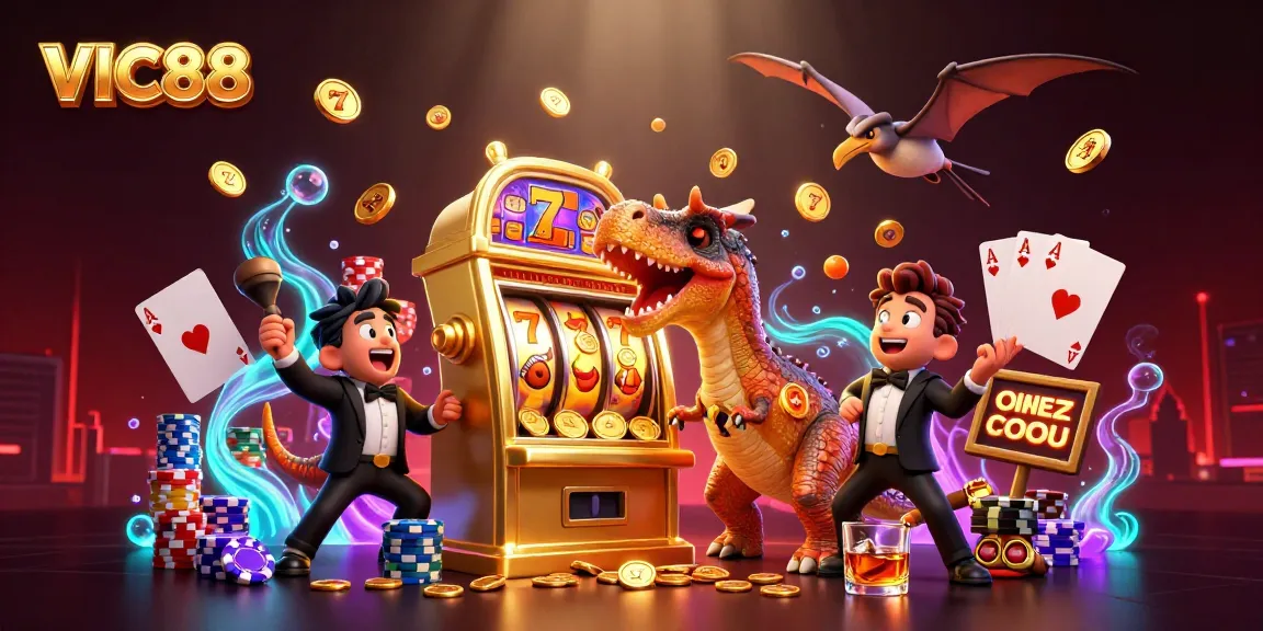 VIC88 showcases a vibrant scene with a pachycephalosaurus and dynamic casino elements amidst flying jackpot coins.