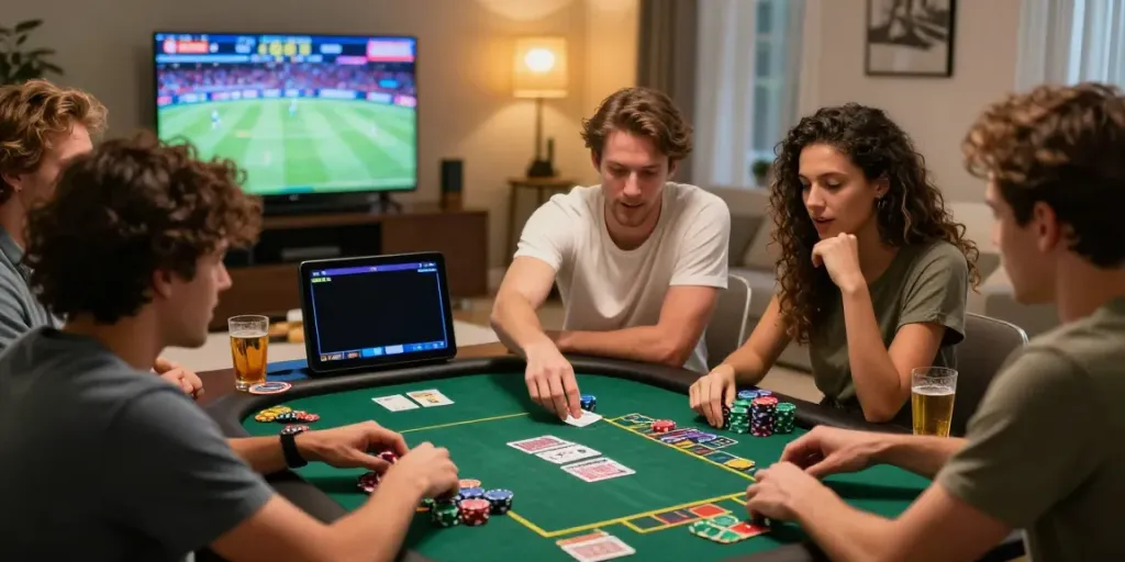 Friends enjoying an online gambling game night, highlighting the excitement of xx88 in a stylish setting.