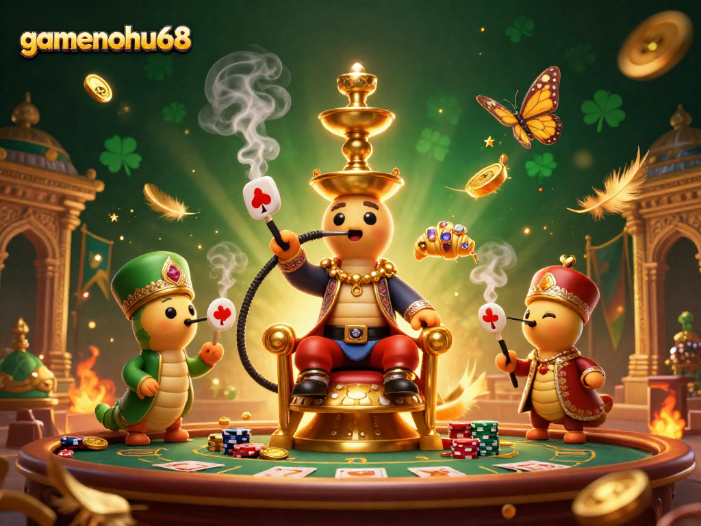 Experience gamenohu68 in a vibrant 3D casino scene with poker elements and engaging characters.