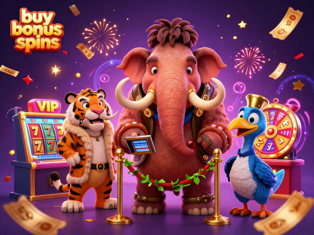 Engage with exciting buy bonus spins in a vibrant casino scene featuring a woolly mammoth bouncer and slot reels.