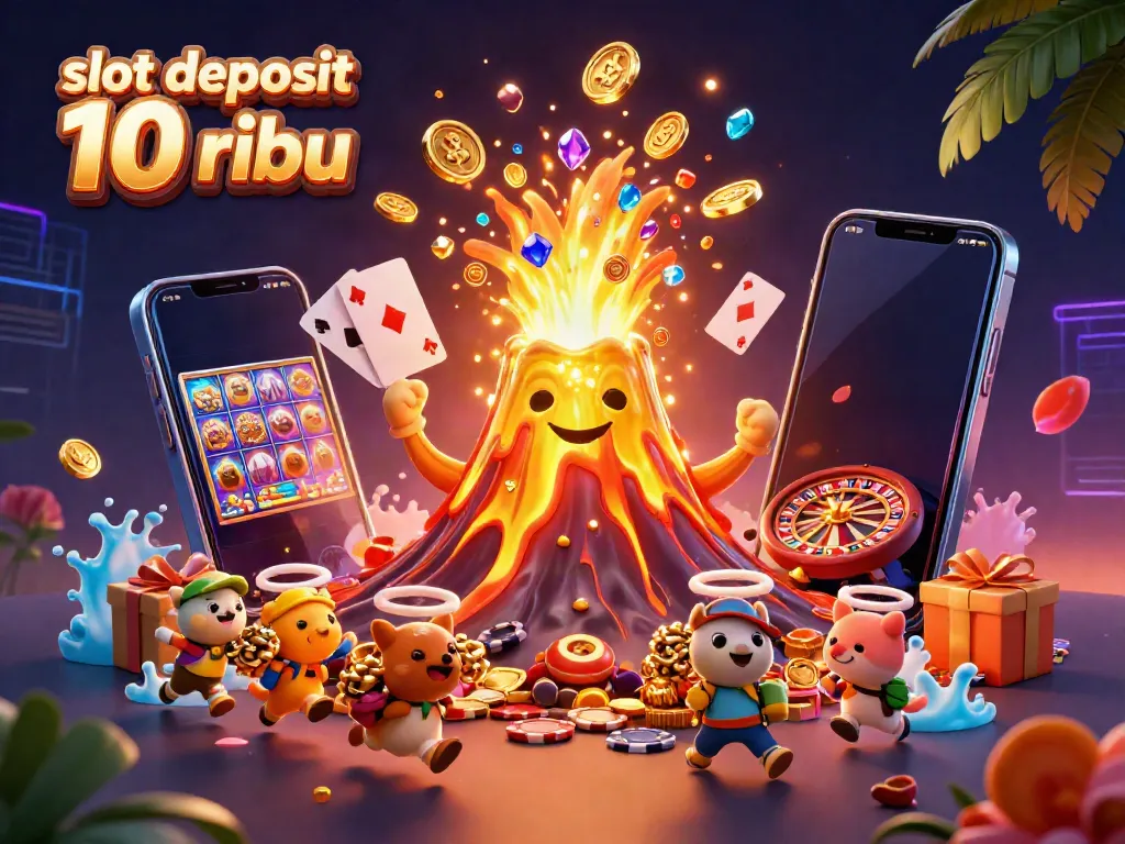 Engage with slot deposit 10 ribu in a vibrant 3D scene featuring a golden volcano, treasure, and slot game elements.