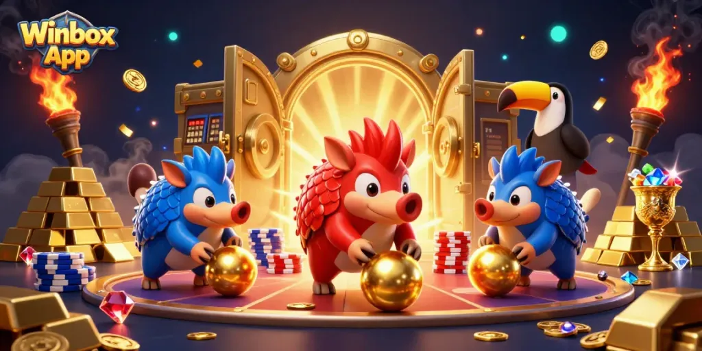 Experience winning excitement with the Winbox App, illustrated by rival pangolins amidst gold and gems.