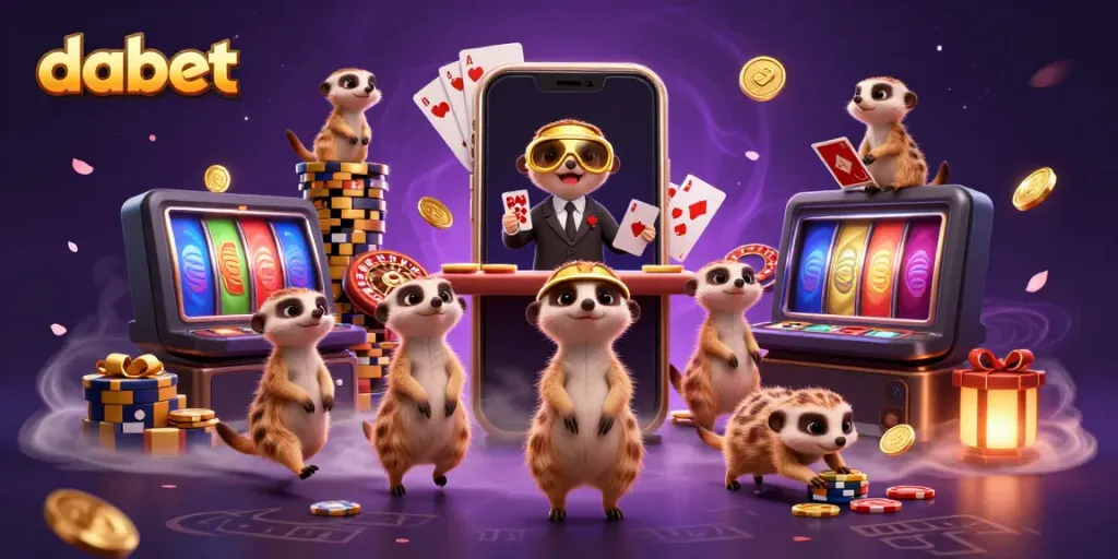 Dabet's meerkat casino image captures the excitement of online gaming with colorful slot games and dynamic scene elements.