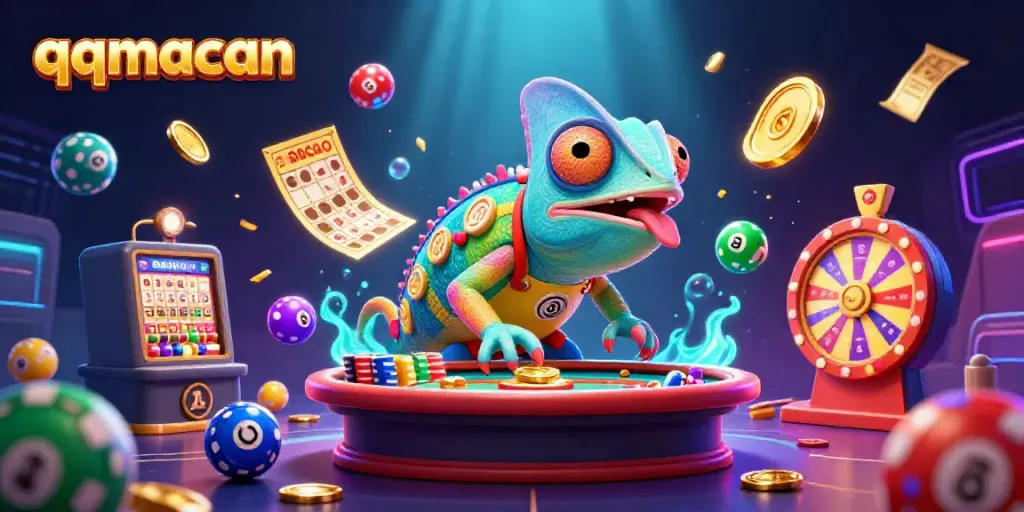 Enjoy the excitement of qqmacan with a vibrant casino illustration featuring a chameleon owner surrounded by dynamic lottery elements.