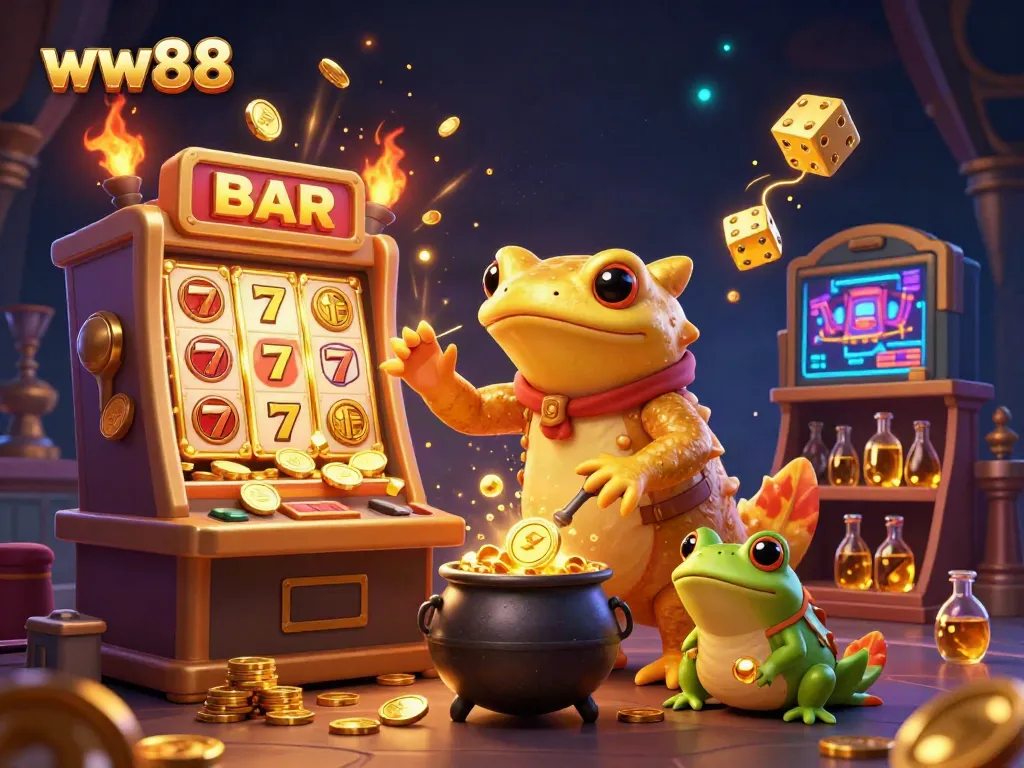 Experience big wins with ww88 in this vibrant casino-themed illustration featuring an alchemist and a frog apprentice.