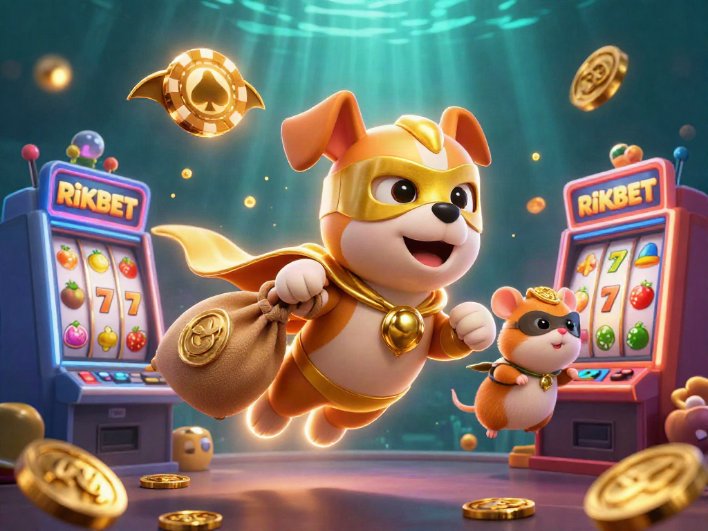 Imagine winning big with RIKBET! A superhero dog soars with gold coins amidst vibrant slot machine elements.
