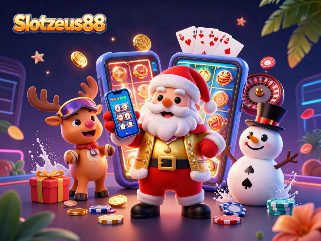Engage with Slotzeus88 jackpot excitement in a lively 3D casino scene featuring Santa and friends!