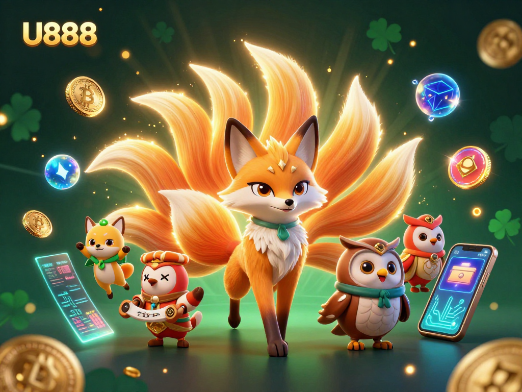 Experience the vibrant U888 casino scene featuring a nine-tailed fox, owls, and colorful spirit orbs.