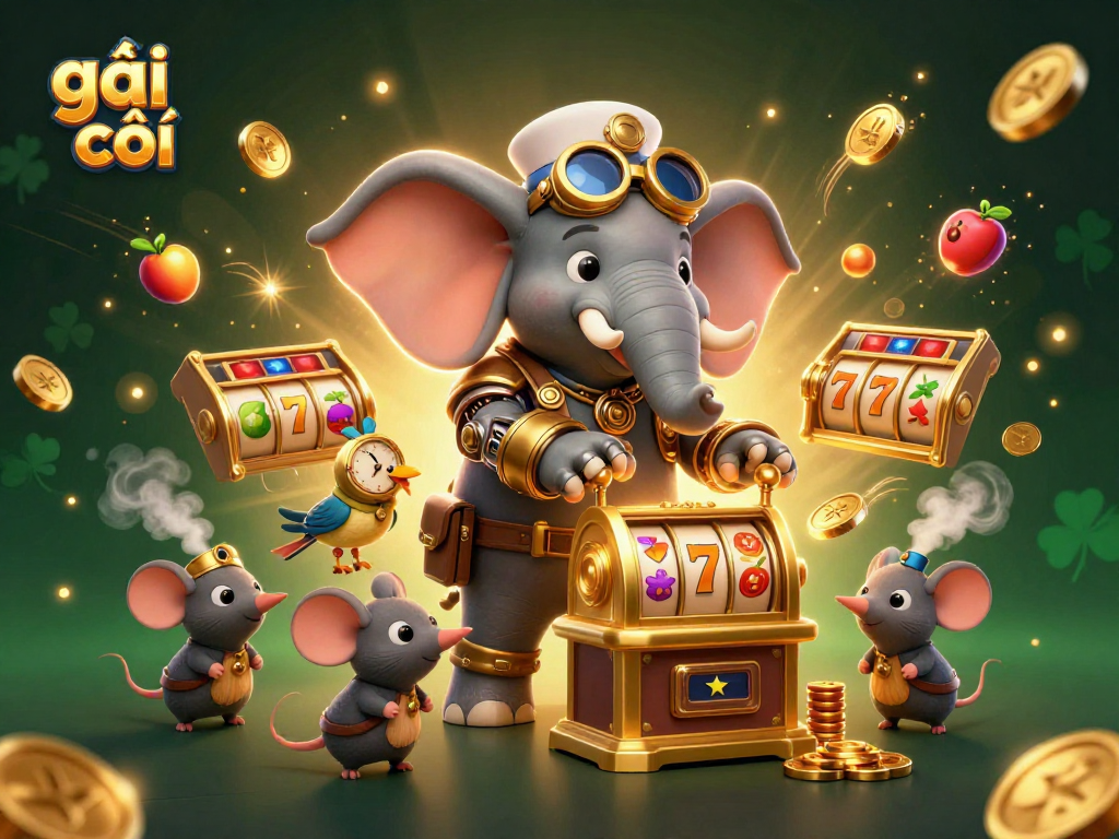 Engage with the vibrant gambling scene featuring gái gọi at a golden slot machine amidst dynamic game elements.