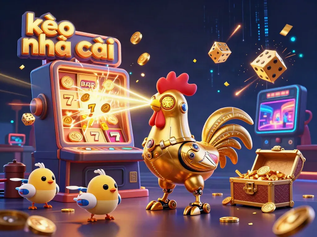 Catch thrilling kèo nhà cái action with a golden rooster robot shooting lasers, surrounded by dazzling slot machine explosions.