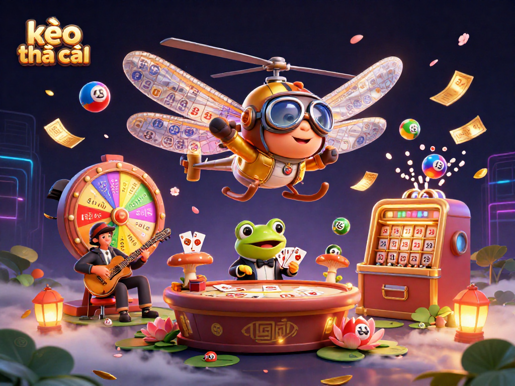 Engage with kèo nhà cái through a vibrant 3D casino illustration featuring a dragonfly pilot and frog croupier.