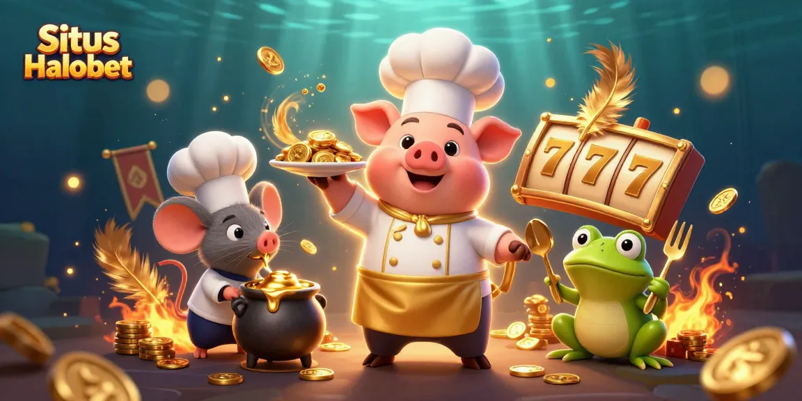 Situs Halobet showcases a 3D pig chef presenting gold coins, highlighting winning strategies in casino gaming.