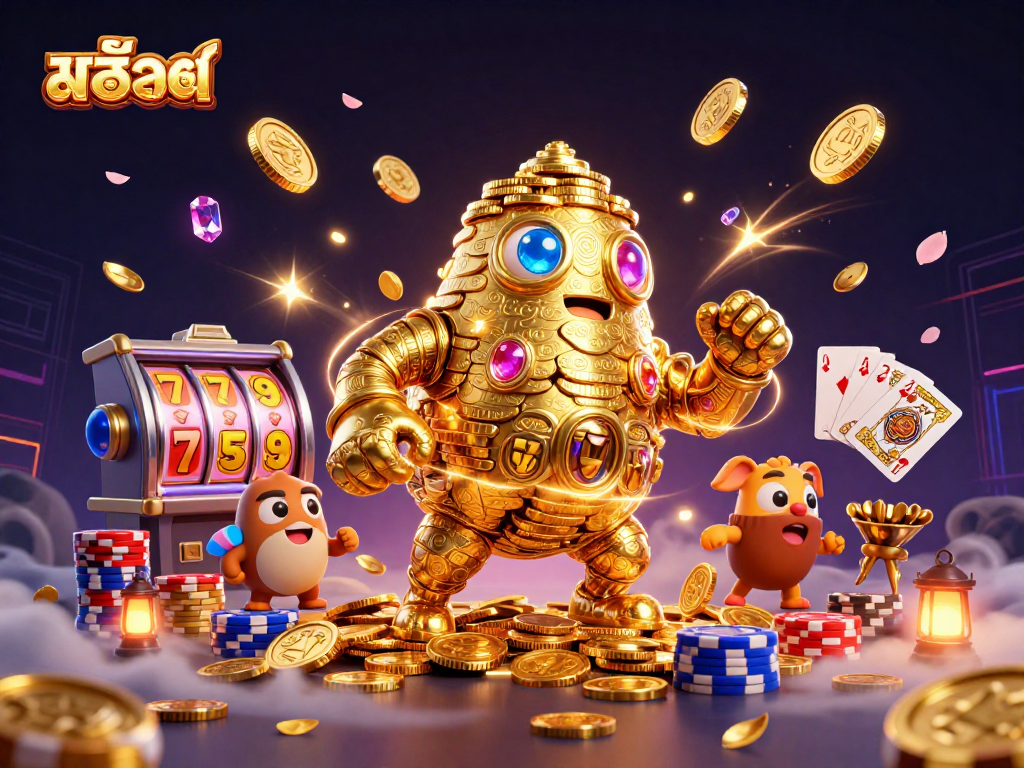 Engaging illustration of สล็อต featuring an ancient golden golem, cascading coins, and vibrant slot machine reels.