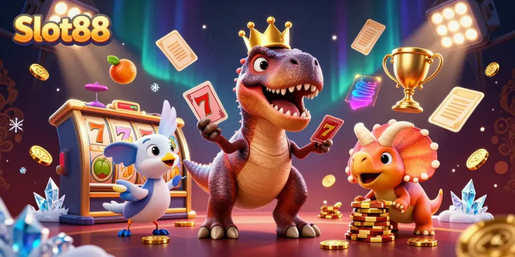 Gambarkan Slot88 dengan T-Rex bermain kartu, Pterodactyl membantu, dan Triceratops menumpuk chip emas.