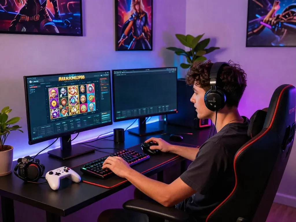 Engaging online gaming scene featuring Slot MAHJONGJP88 interface and vibrant gaming setup.
