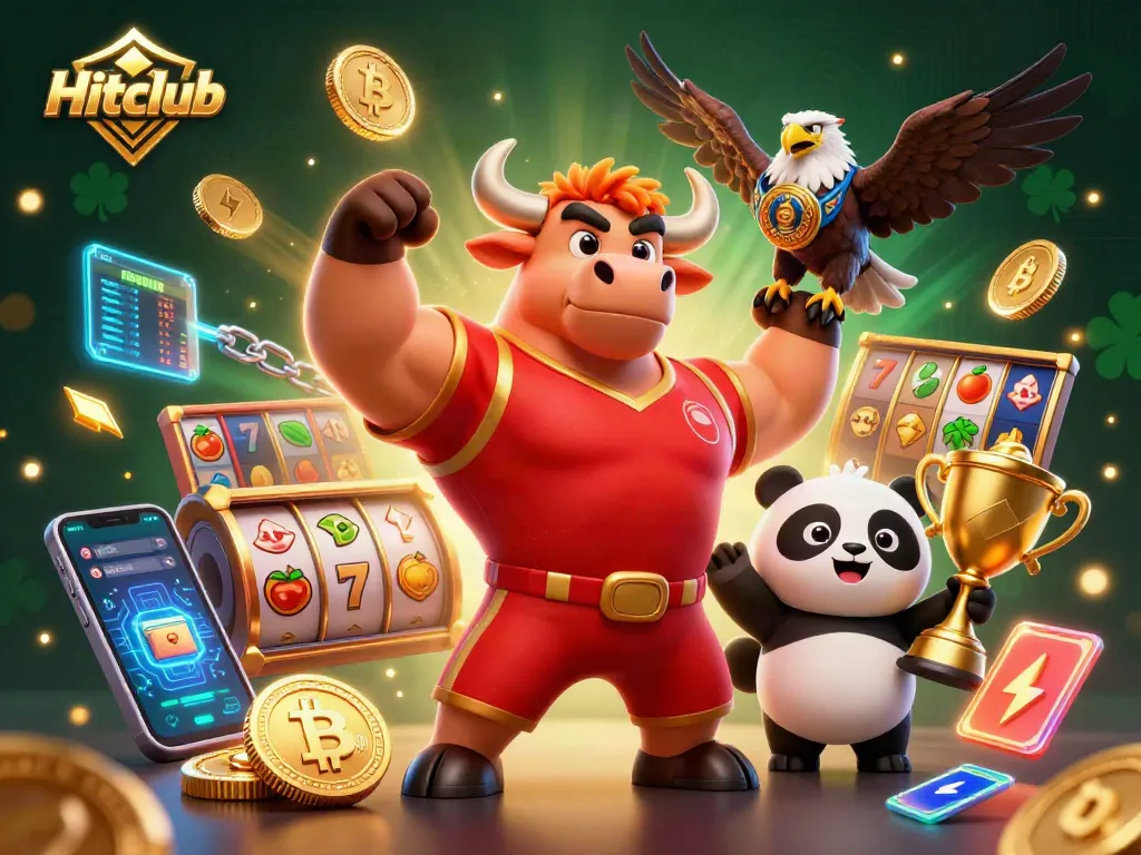Hitclub showcases gamers winning big with dynamic slot machines and mascots in a colorful, festive atmosphere.