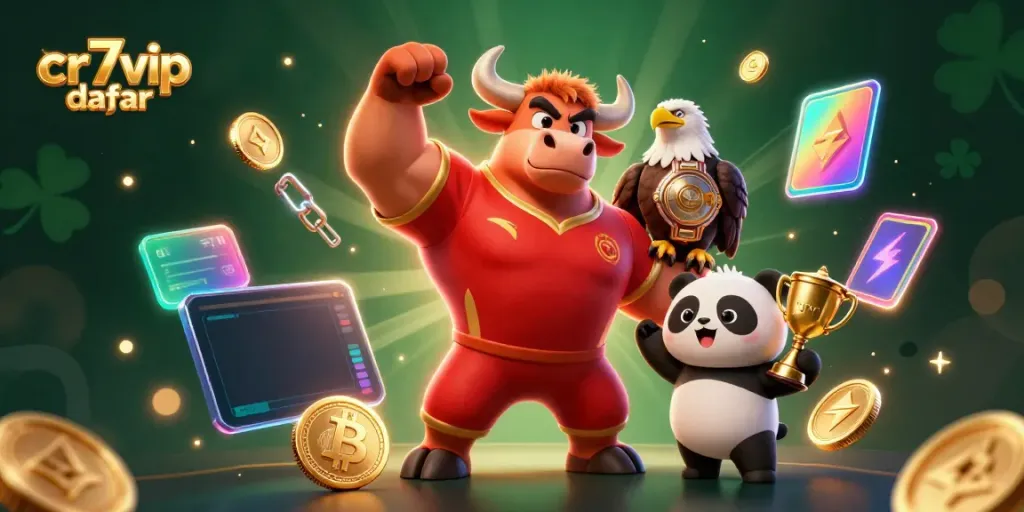 Gambarkan menit-menit menang di cr7vip daftar dengan bull kartun, elang, dan panda trofi yang ceria.