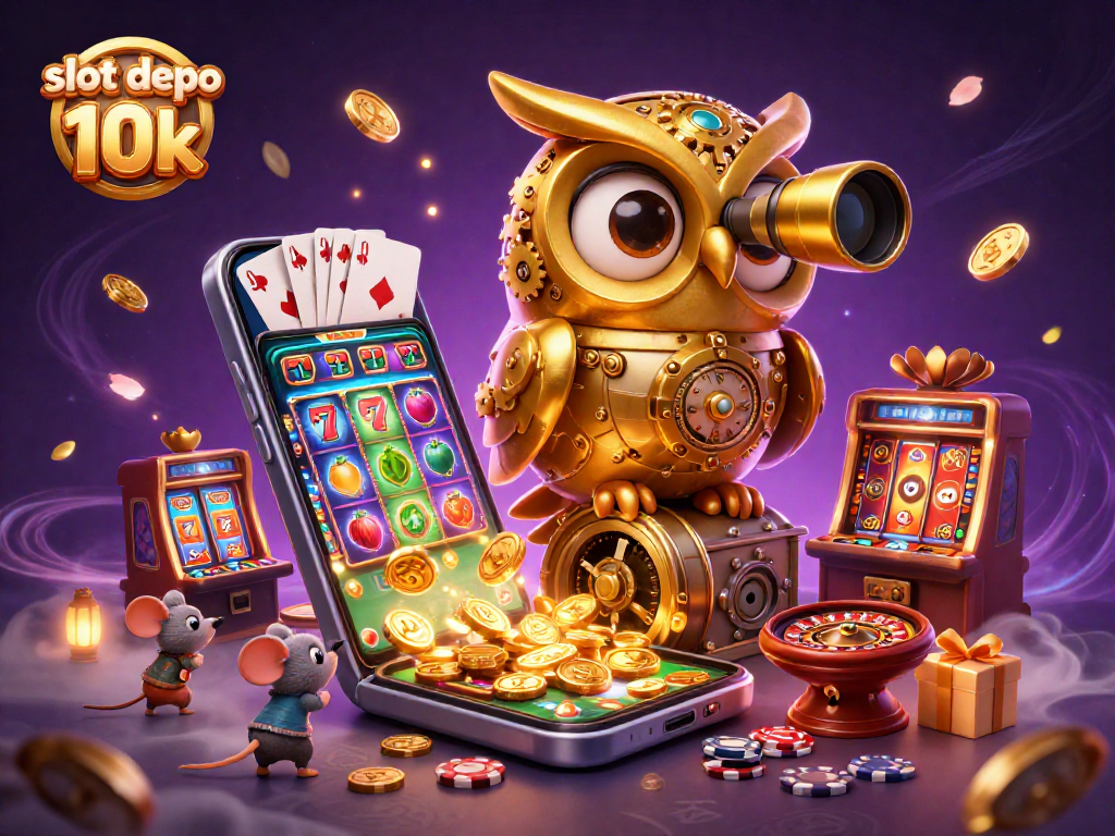 Spin the reels and win big with slot depo 10k showcased by a clockwork owl scanning the casino floor.