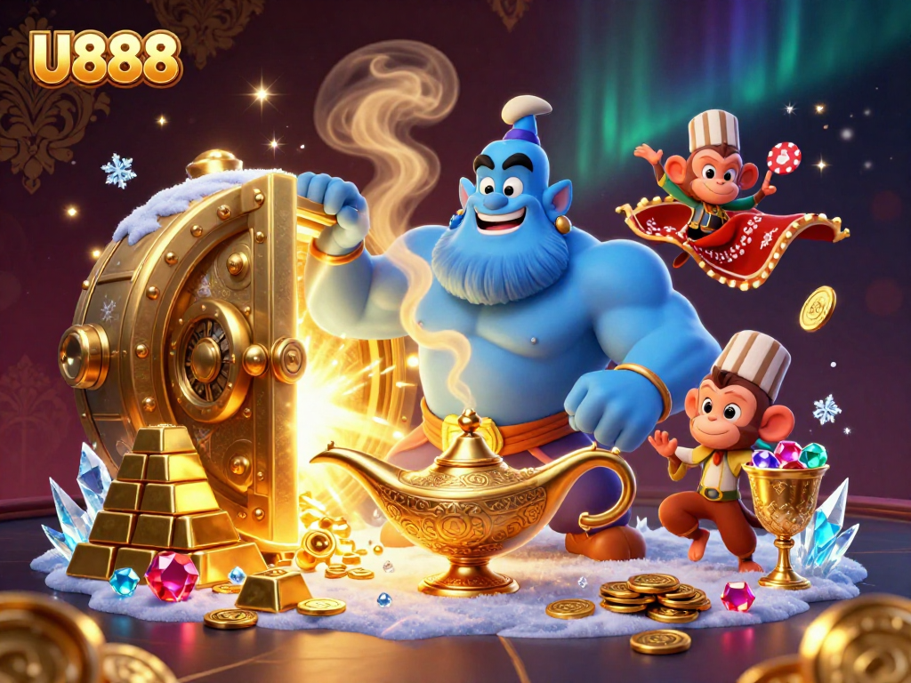Experience U888's magical casino atmosphere with a genie, monkey, and poker chips in a treasure-filled landscape.