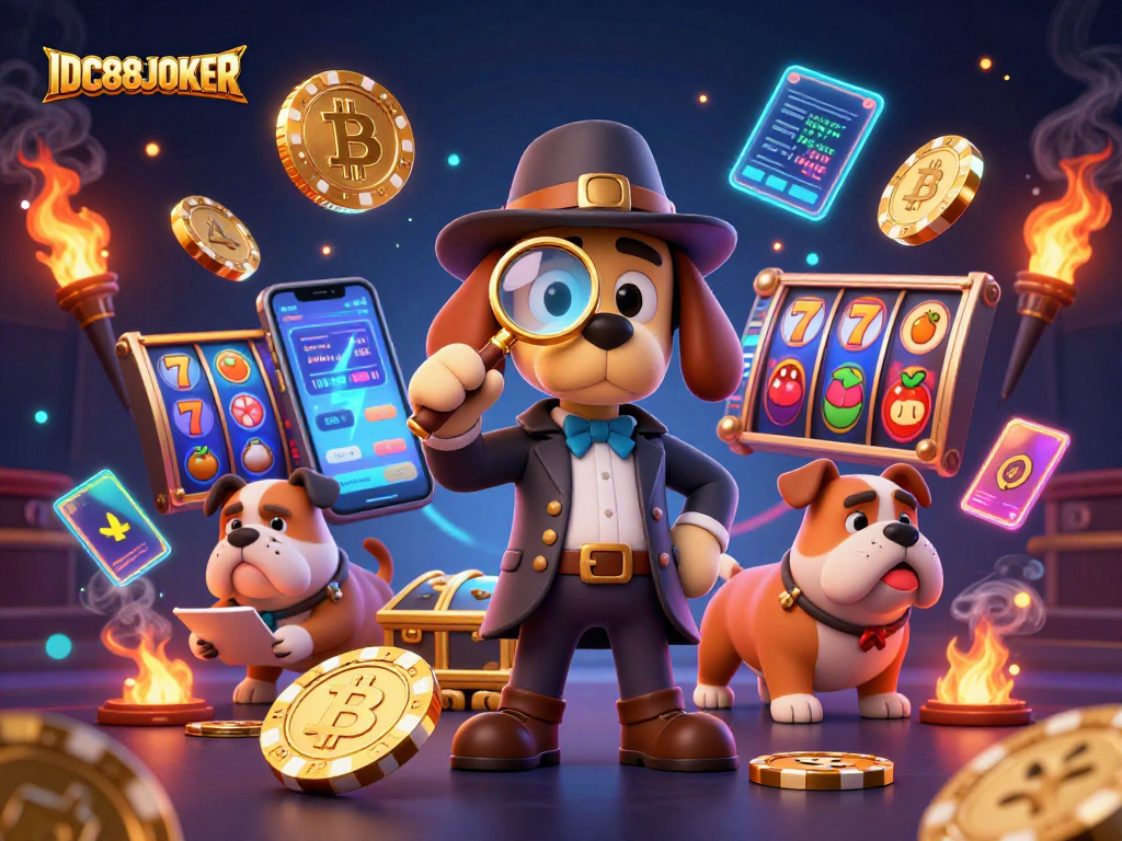 Experience thrilling gameplay at IDC88JOKER with a detective exploring poker clues amidst vibrant casino elements.