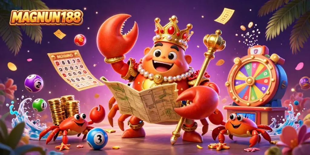 Experience the dynamic world of MAGNUM188 with a golden crab emperor surrounded by vibrant lottery elements in this 3D illustration.