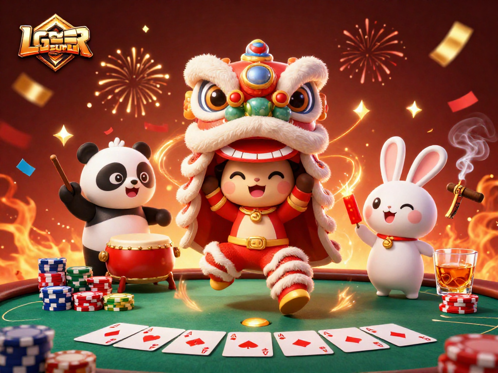 Experience exciting gameplay at LGOSUPER with a vibrant 3D scene featuring festive characters and casino elements.