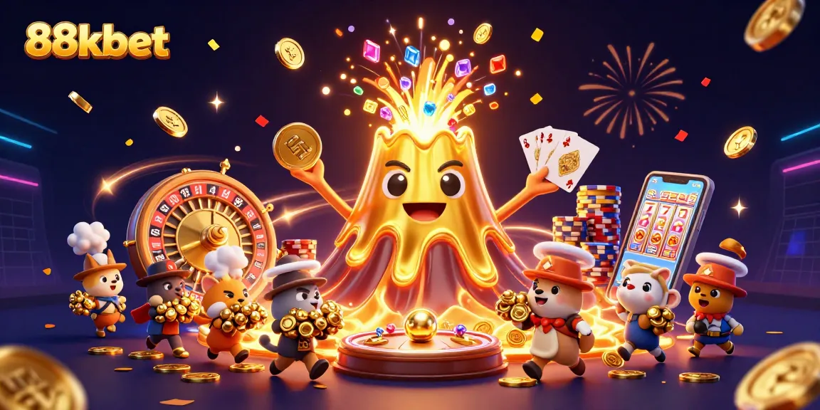 Win big at 88kbet with a celebration of coins and treasures erupting from a golden volcano.
