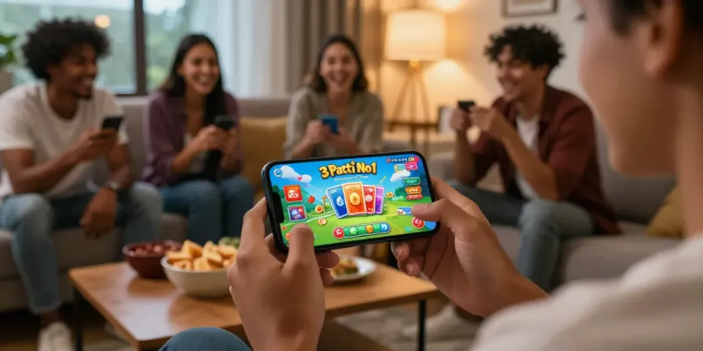 Engaging scene of a user playing the 3 Patti No1 app in a vibrant living room, surrounded by friends and game graphics.