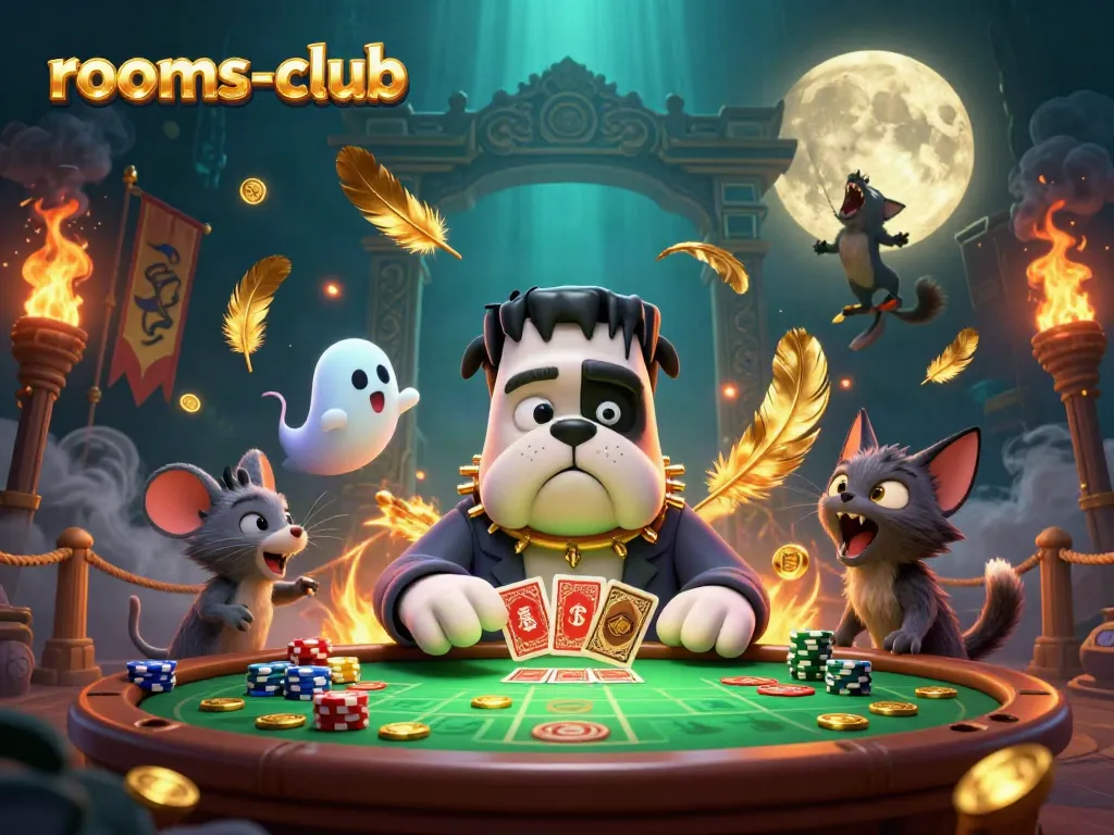 Permainan kartu dengan bulldog Frankenstein di rooms-club di tengah suasana menakutkan.