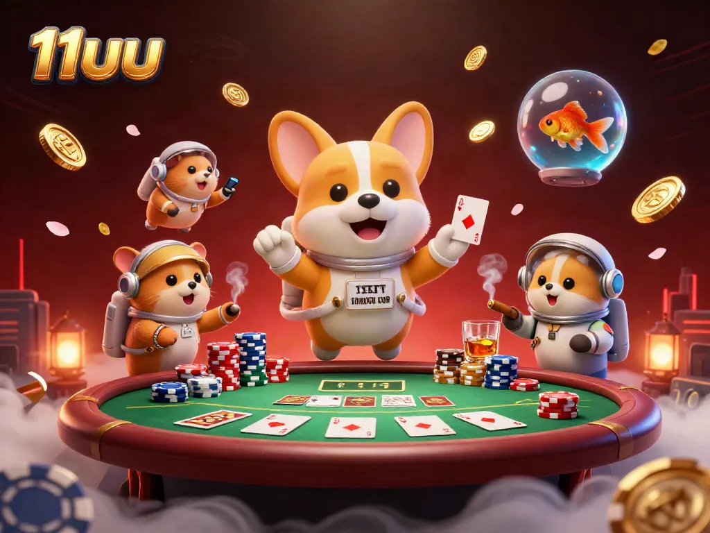 Experience dynamic gaming action at 11uu with lots of poker chips and drifting coins in a casino atmosphere.